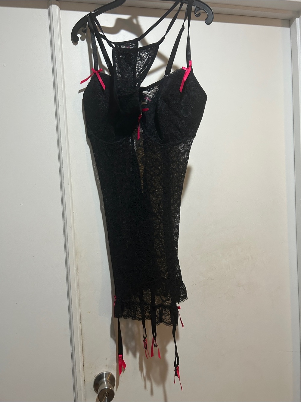 Dreamgirl Black Lace Chemise with Pink Ribbon Accents